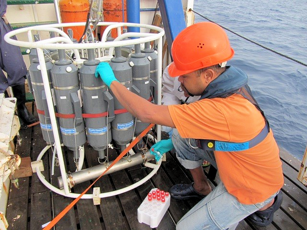 Cape Verdian Scientist taking water samples for marine biogeochemical observations